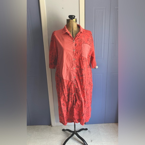 Frocella Coral Cotton Button-Up Dress with Black Print - One Size XL - Picture 10 of 10